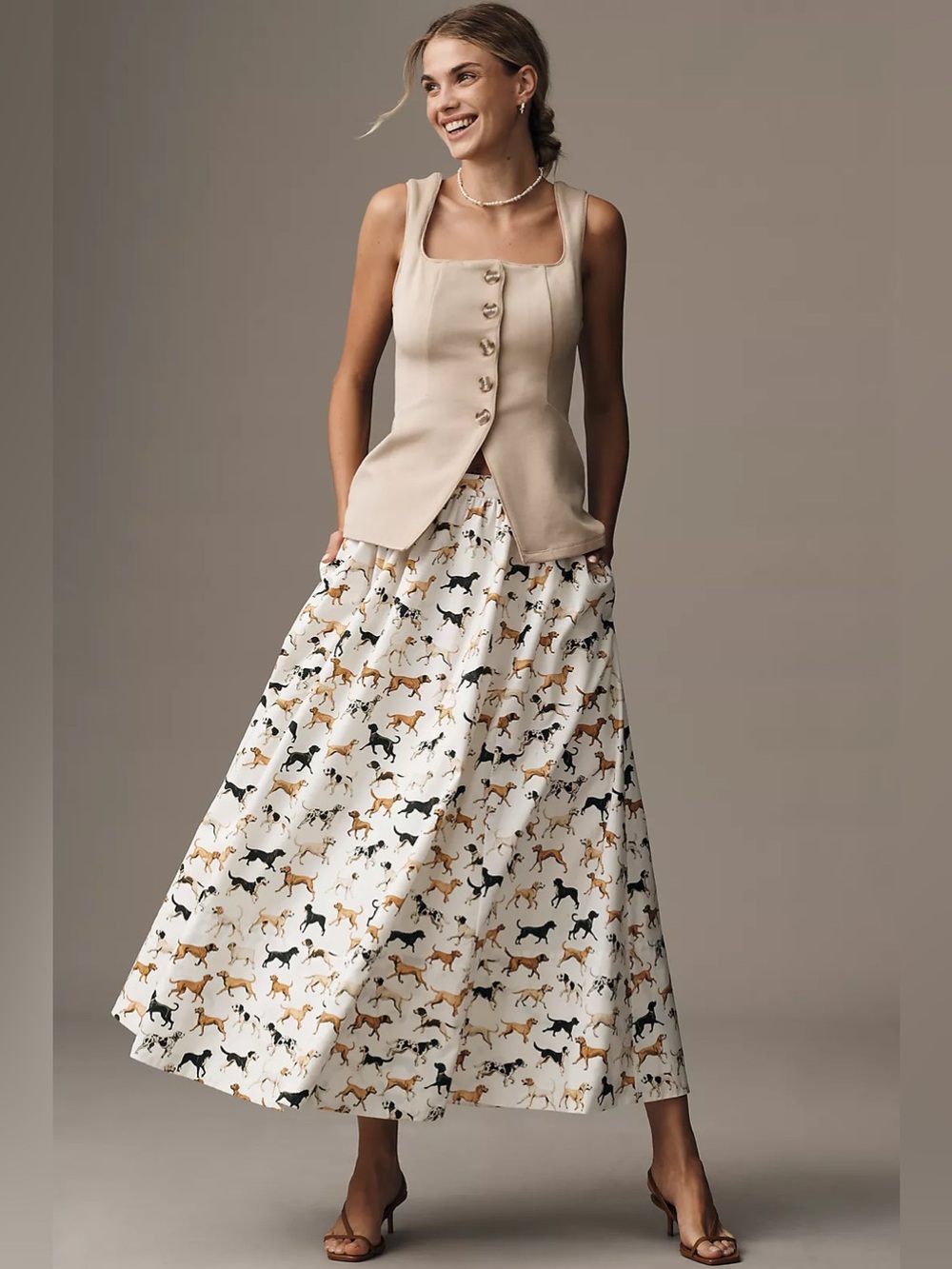 Anthropologie Maeve White Dog-Print Maxi Skirt